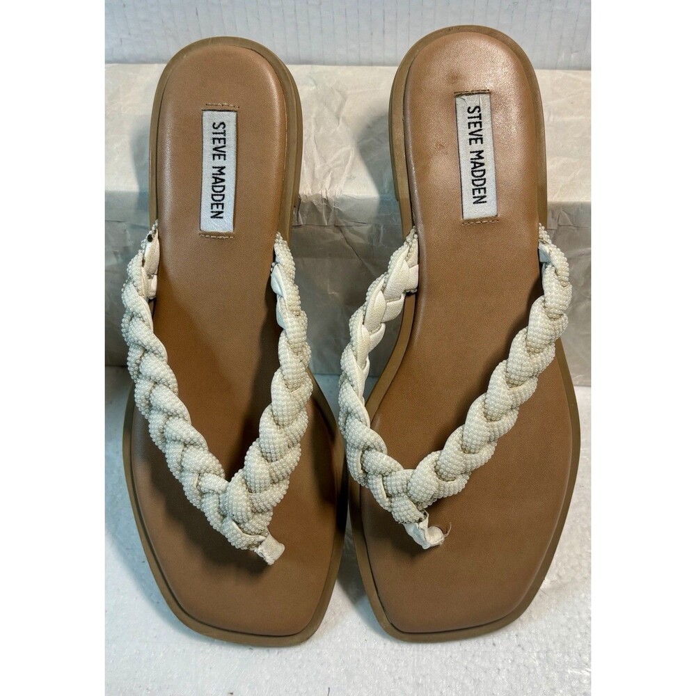 Steve Madden Beadeo Slide Sandals Tan Nude Boho Pearl Strappy Flat Size 10